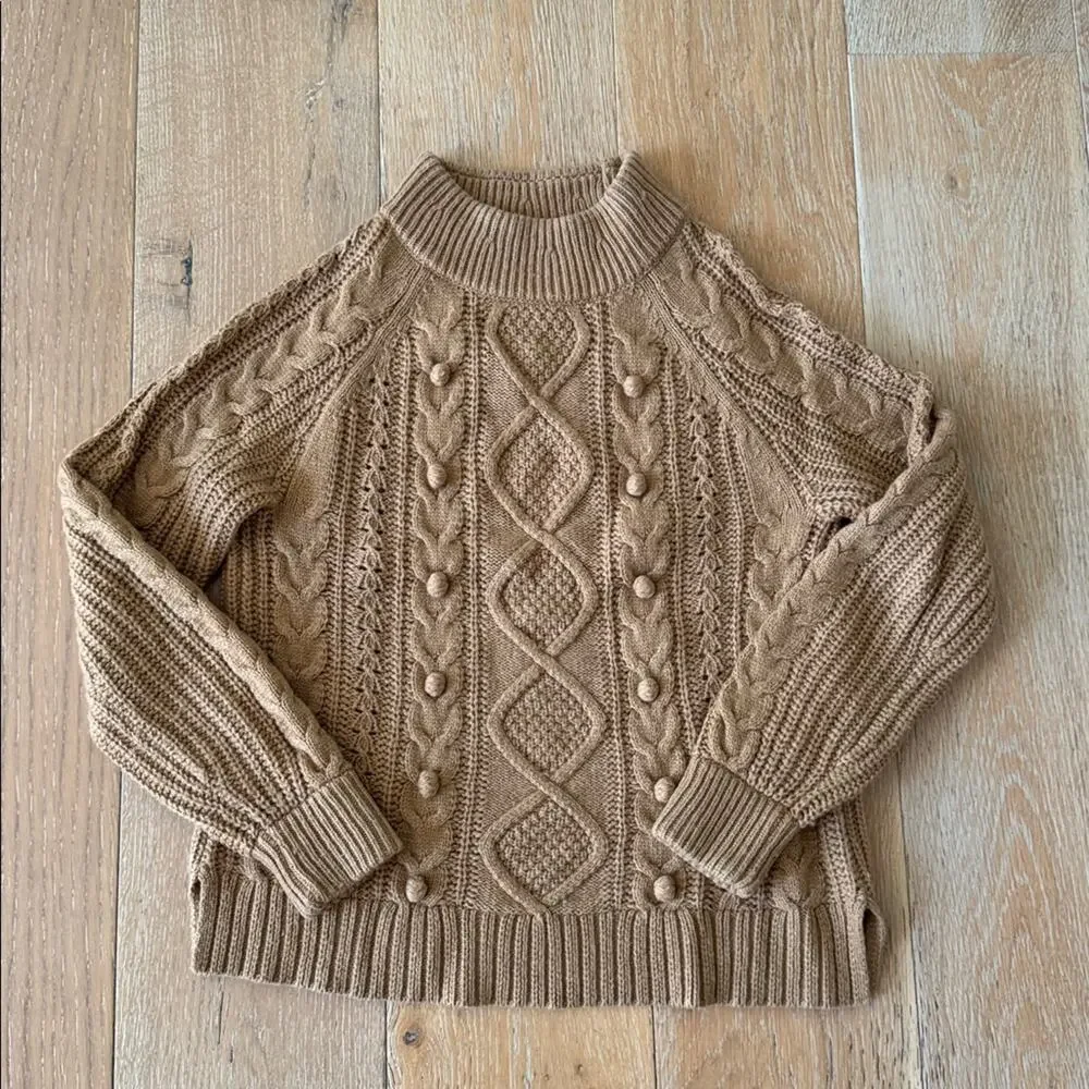 J.Crew Lambswool Blend Pom Pom Cable Knit Sweater XS Camel